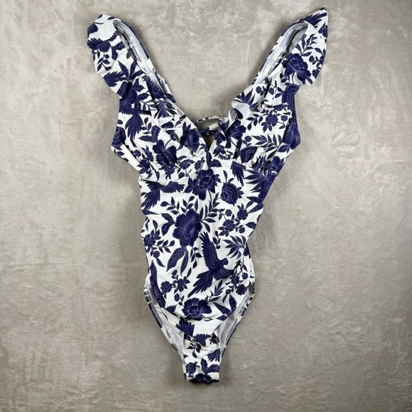 Cupshe Blue White Floral One Piece Swimsuit Small Ruffle V Neck Lace Up Back - Picture 2 of 9